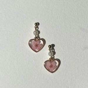 Pink/Gold Stud Real Plum Blossom Flower Handmade Dainty Resin Heart Earrings